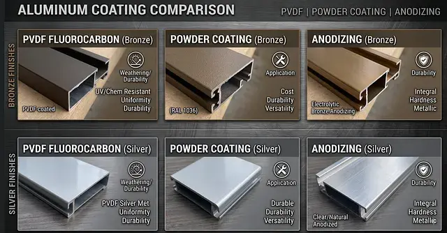 Comparison of bronze and silver PVDF, powder-coated and anodised aluminium finishes