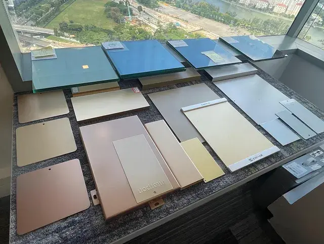 Series of aluminium coating samples in different colours and finishes