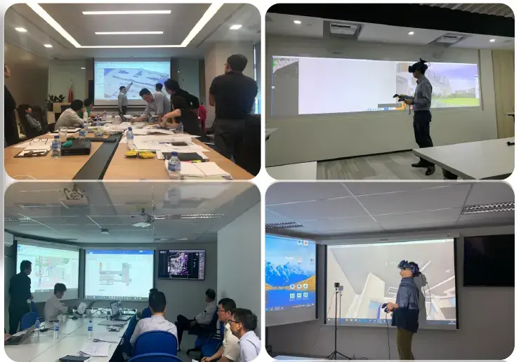 Project teams using digital models and virtual reality to coordinate building design and construction