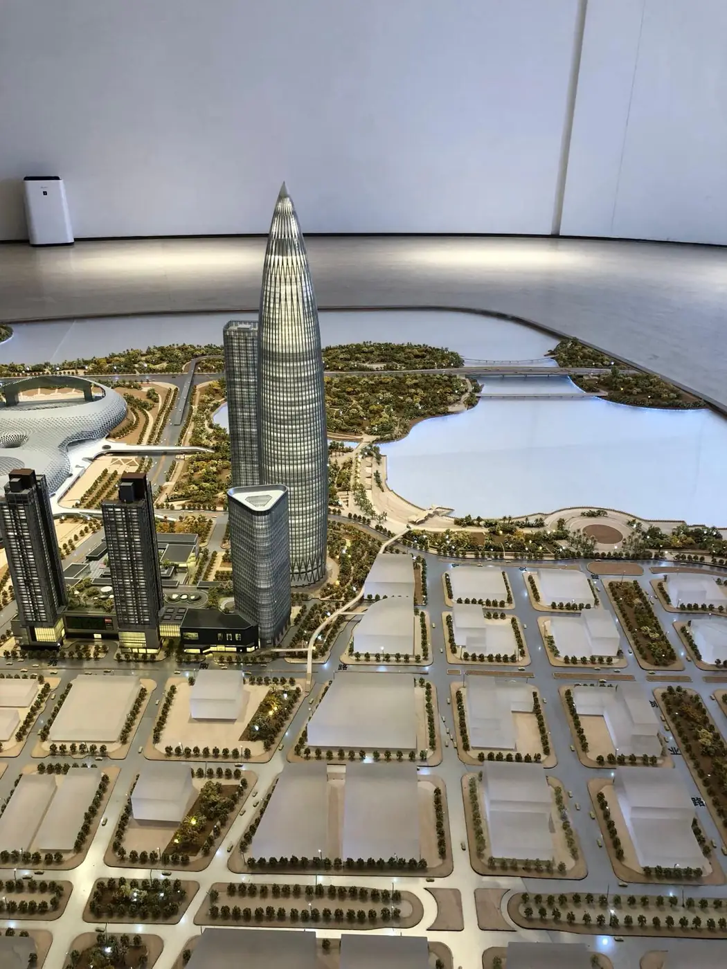 Physical masterplan model of Shenzhen Bay with landmark towers and surrounding urban blocks