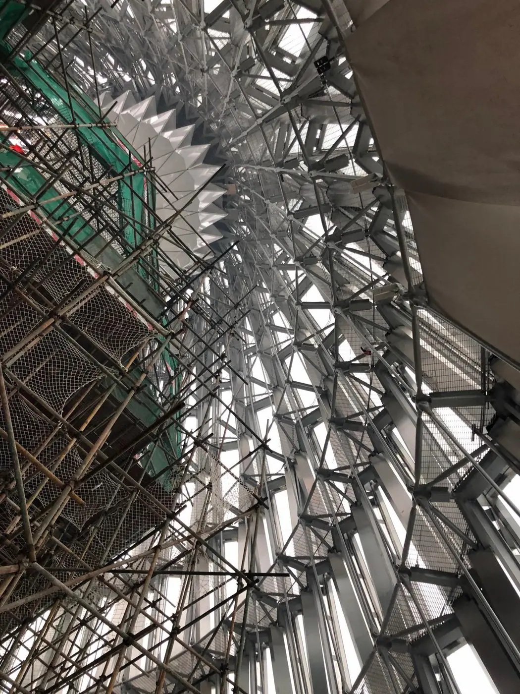 Complex steel structure viewed during construction of Ping An Tower