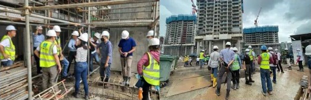 Two construction site walkthroughs with project teams reviewing work in progress
