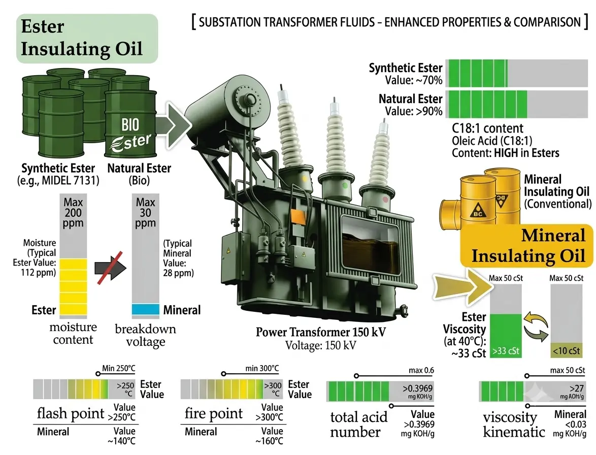 Illustrative comparison of ester and mineral insulating fluids used in electrical transformers