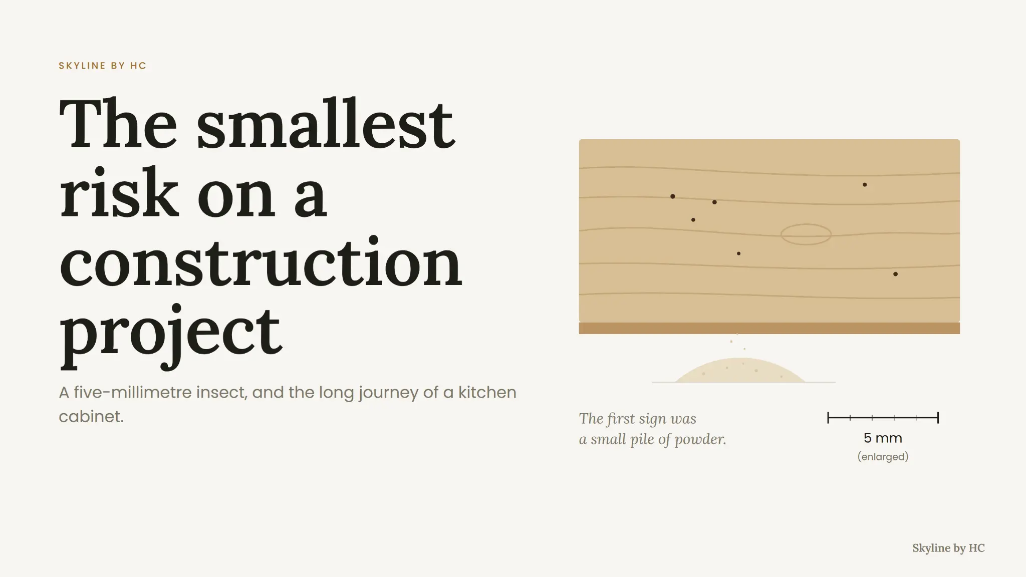 Graphic showing powder beneath a timber cabinet as the first sign of a small but traceable construction risk