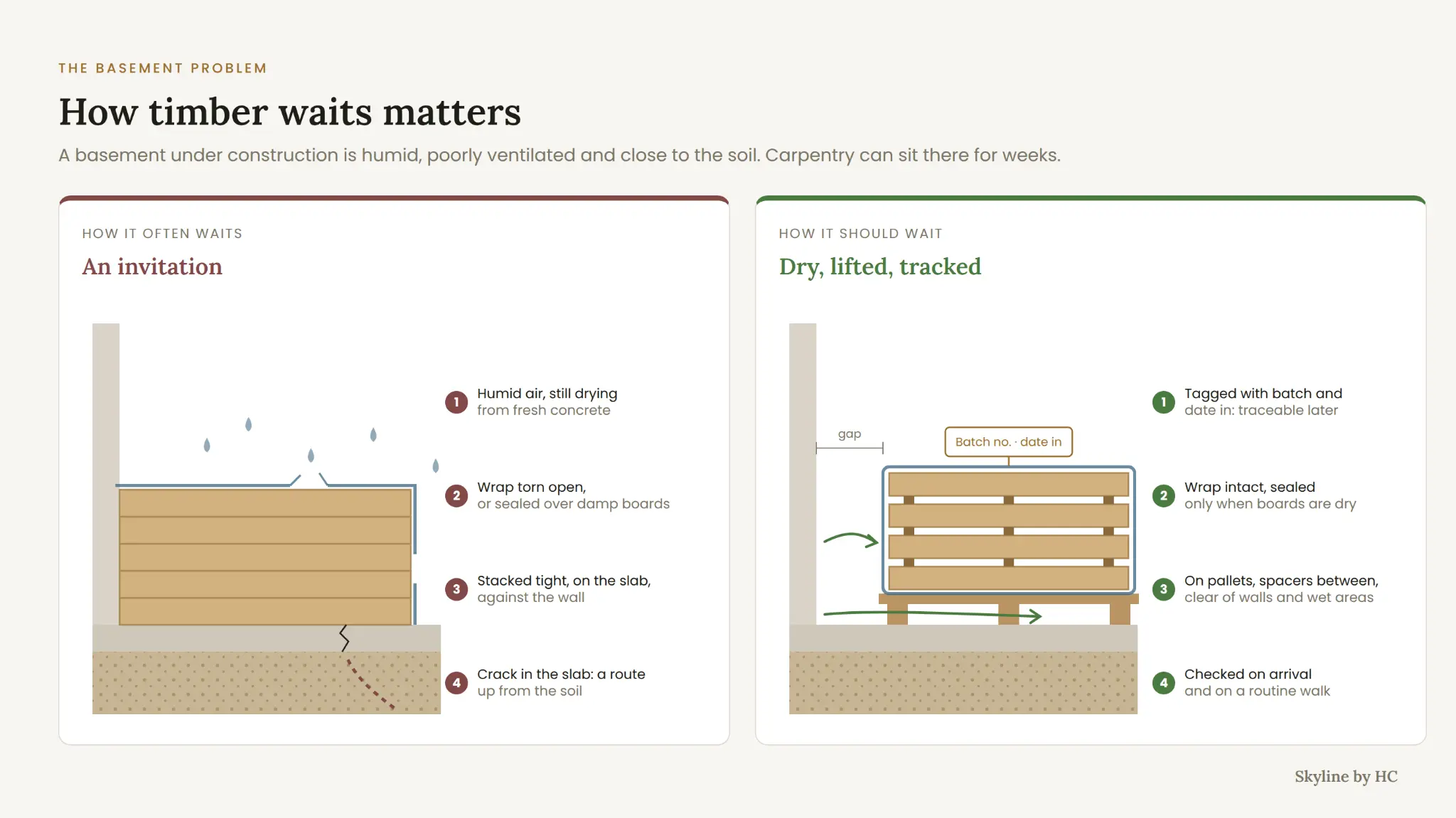 Comparison of poor and good timber storage in a construction basement, showing pallets, airflow, dry wrapping and traceability